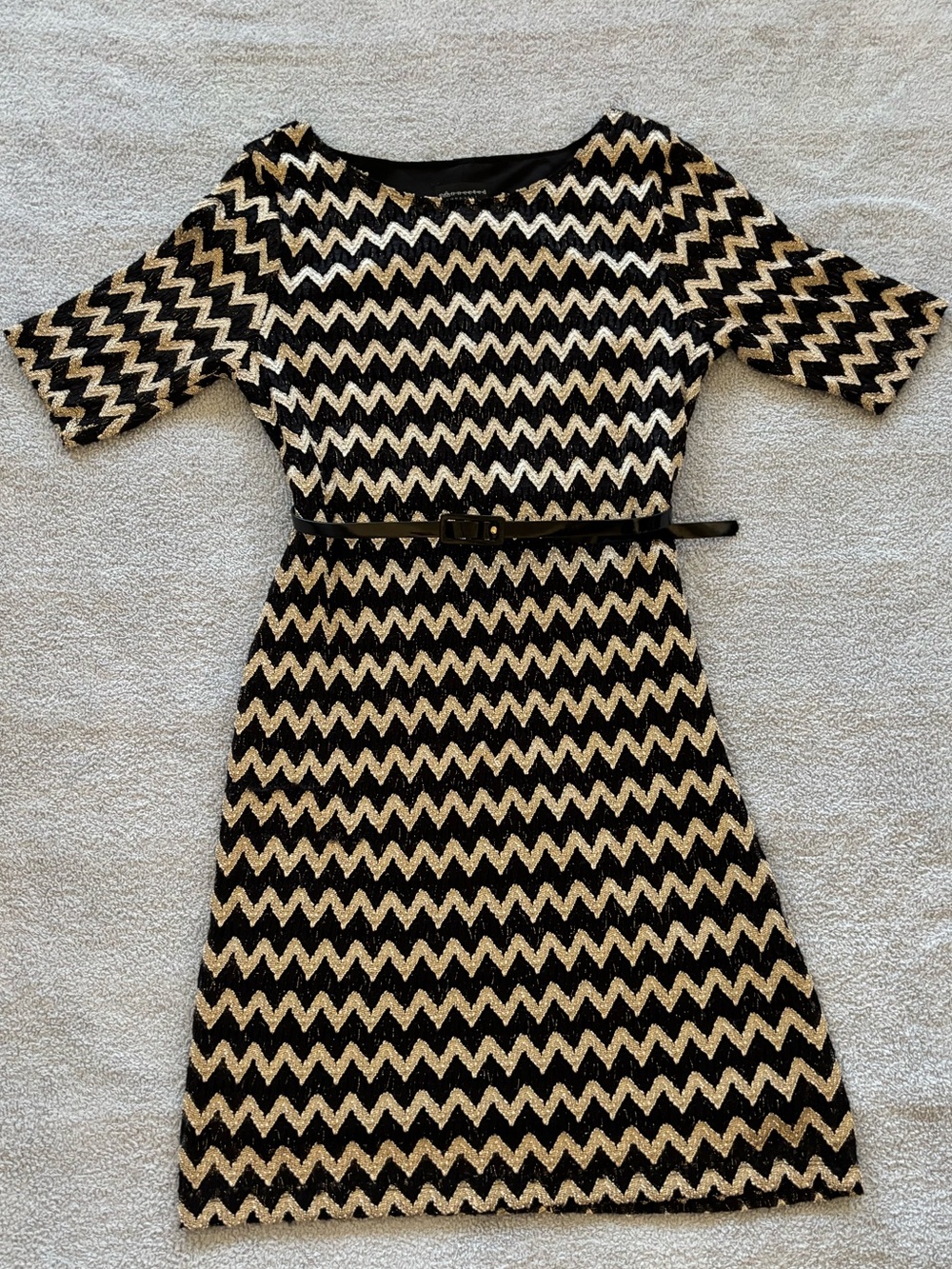 connected apparel Black & Gold Chevron Knit Midi Dress with Belt